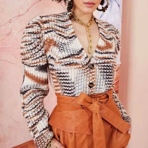 Ulla Johnson Greta Marled Alpaca Puff Sleeve Knit Striped Cardigan Sweater Small